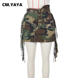 CM.YAYA Fashion Camouflage Women Tassel Splicing Side Pocket Front Button Front High Waist A-line Midi Skirt 2023 Street Skirts