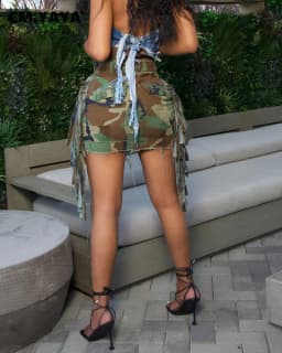 CM.YAYA Fashion Camouflage Women Tassel Splicing Side Pocket Front Button Front High Waist A-line Midi Skirt 2023 Street Skirts