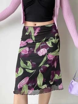 Vintage Floral Mesh Skirt Women High Waist Streetwear Slim Midi Mermaid Skirts Spring Summer American Retro Sexy Harajuku Skirts