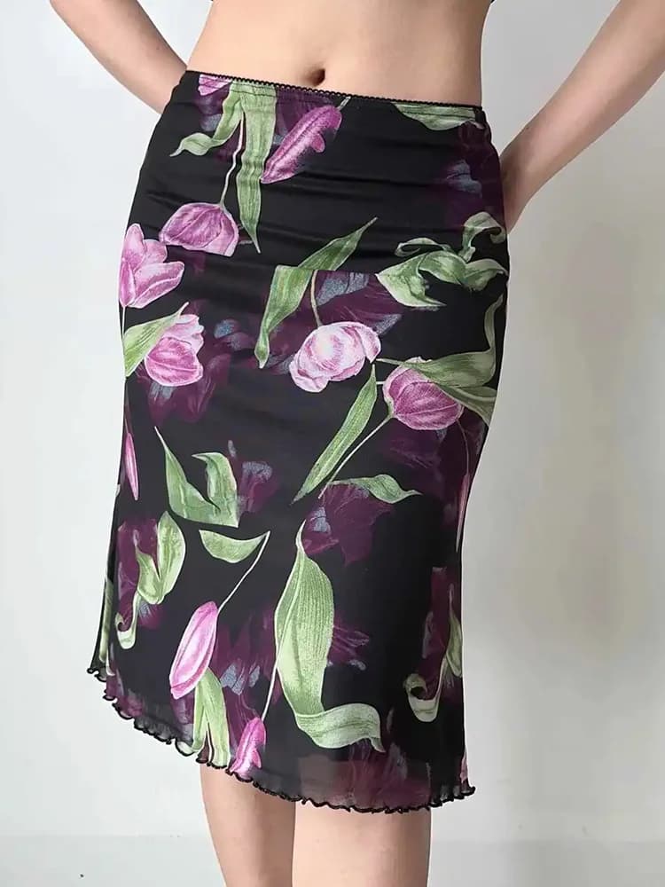 Vintage Floral Mesh Skirt Women High Waist Streetwear Slim Midi Mermaid Skirts Spring Summer American Retro Sexy Harajuku Skirts