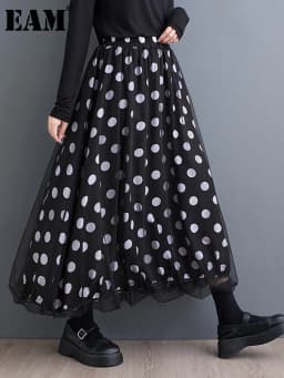 [EAM] High Elastic Waist Black Dot Printed Mesh Spliced A-line Half-body Skirt Women Fashion Tide New Spring Autumn 2026 1DJ0329
