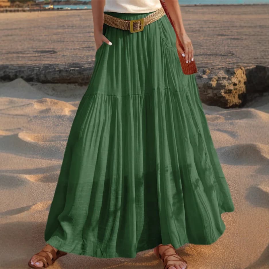 2026 Belted Hem A-line Solid Color Elastic Waist Skirt Women's Summer New Beach Vacation Commuting Camping All-match Long Skirt