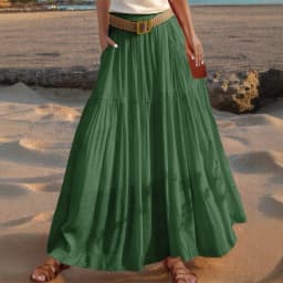 2026 Belted Hem A-line Solid Color Elastic Waist Skirt Women's Summer New Beach Vacation Commuting Camping All-match Long Skirt