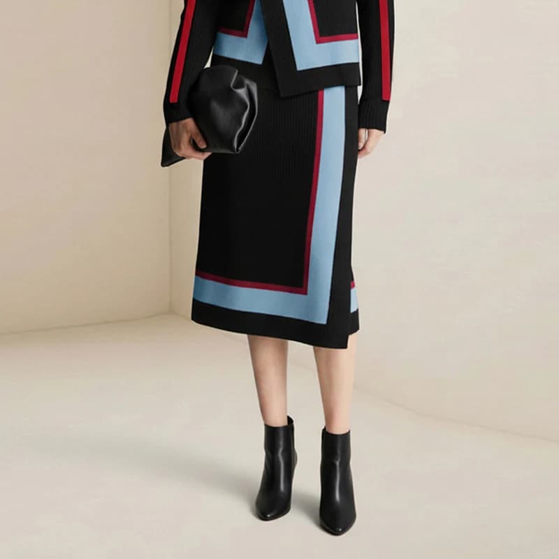 Modigirl Women's Knitted Contrast Color Stripe Midi Skirt 2026 Spring Asymmetric Artistic Retro Hem Office Casual Woman Bottom