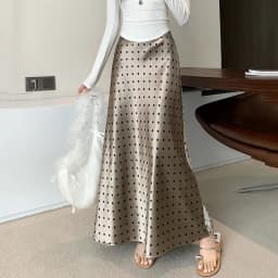 Women Polka Dot Acetate Satin Mermaid Maxi Skirt High-Waisted Slimming Fishtail Hem with Draped Elegance for Spring Autumn