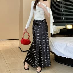 Women Polka Dot Acetate Satin Mermaid Maxi Skirt High-Waisted Slimming Fishtail Hem with Draped Elegance for Spring Autumn