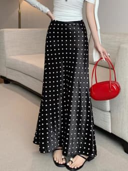 Women Polka Dot Acetate Satin Mermaid Maxi Skirt High-Waisted Slimming Fishtail Hem with Draped Elegance for Spring Autumn