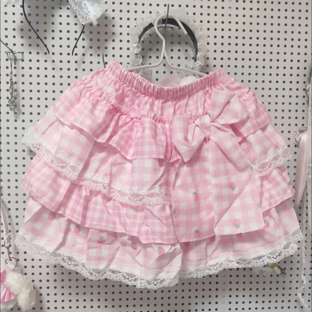 2000s Lolita Sweet Strawberry Print Ruffle Punk Cake Skirt Japanese Kawaii Y2k Mini Skirt Women Cute Bow Skirt Korean Fashion