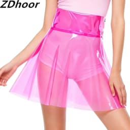 Women See Through Transparent Pvc Miniskirt High Waist Pleated Hem A-line Skirt Cover Up Skirt Clubwear for Beach Party Rave