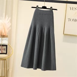 2024 Knitted Black Skirt Women Vintage Mid Length Skirts A-line Pleated Skirt Thin Casual Solid Color Autumn and Winter Clothes