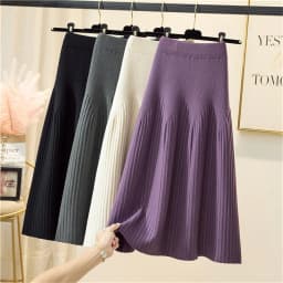 2024 Knitted Black Skirt Women Vintage Mid Length Skirts A-line Pleated Skirt Thin Casual Solid Color Autumn and Winter Clothes