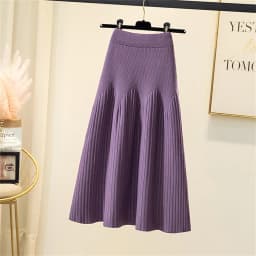 2024 Knitted Black Skirt Women Vintage Mid Length Skirts A-line Pleated Skirt Thin Casual Solid Color Autumn and Winter Clothes