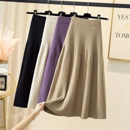 2024 Knitted Black Skirt Women Vintage Mid Length Skirts A-line Pleated Skirt Thin Casual Solid Color Autumn and Winter Clothes