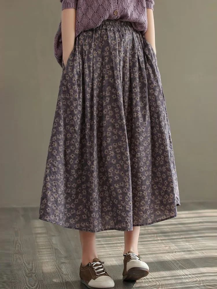Women Casual Skirts New Arrival 2023 Autumn Vintage Style Floral Print Loose Comfortable Ladies Elegant A-line Long Skirt D536