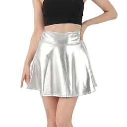 Women Sparkling Metallic Pleated Mini Skirt Elastic High Waist PU Shining Flared Short Skater Skirt for Party Club Daily Wear