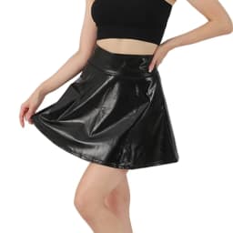Women Sparkling Metallic Pleated Mini Skirt Elastic High Waist PU Shining Flared Short Skater Skirt for Party Club Daily Wear