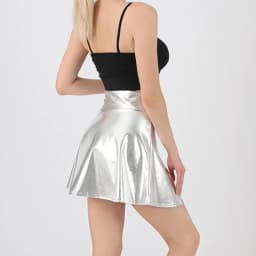 Women Sparkling Metallic Pleated Mini Skirt Elastic High Waist PU Shining Flared Short Skater Skirt for Party Club Daily Wear