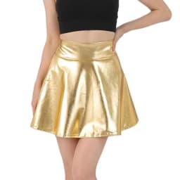 Women Sparkling Metallic Pleated Mini Skirt Elastic High Waist PU Shining Flared Short Skater Skirt for Party Club Daily Wear
