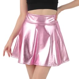 Women Sparkling Metallic Pleated Mini Skirt Elastic High Waist PU Shining Flared Short Skater Skirt for Party Club Daily Wear
