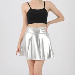 Women Sparkling Metallic Pleated Mini Skirt Elastic High Waist PU Shining Flared Short Skater Skirt for Party Club Daily Wear
