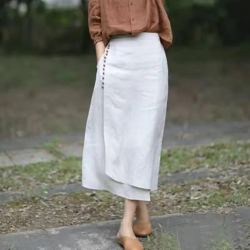Literary Cotton Linen Split Skirt Women Single Breasted Midi A-Line Skirts Vintage Asymmetric Skirts Slimming