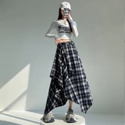 Long Skirts Women Woolen Skirt 2025 Goth Lolita Autumn Winter High Waist Ruffles Asymmetrical Plaid Skirt Maxi With Belt