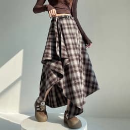 Long Skirts Women Woolen Skirt 2025 Goth Lolita Autumn Winter High Waist Ruffles Asymmetrical Plaid Skirt Maxi With Belt