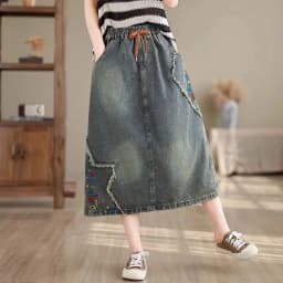 High waist Embroidered Denim Skirt For women Spring Summer 2026 Loose Elastic waist tie Versatile  A-line Long Skirts Female