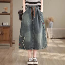 High waist Embroidered Denim Skirt For women Spring Summer 2026 Loose Elastic waist tie Versatile  A-line Long Skirts Female