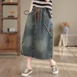 High waist Embroidered Denim Skirt For women Spring Summer 2026 Loose Elastic waist tie Versatile  A-line Long Skirts Female