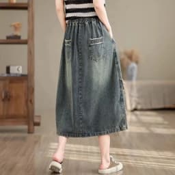 High waist Embroidered Denim Skirt For women Spring Summer 2026 Loose Elastic waist tie Versatile  A-line Long Skirts Female