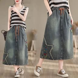 High waist Embroidered Denim Skirt For women Spring Summer 2026 Loose Elastic waist tie Versatile  A-line Long Skirts Female