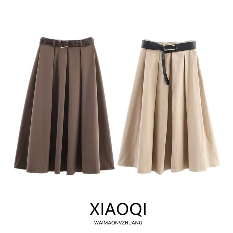 High Waist A-Line Midi Skirt with Belt Autumn New Arrival Women's Fashion Elegant Standard Fit Casual High Waist Midi Skirt