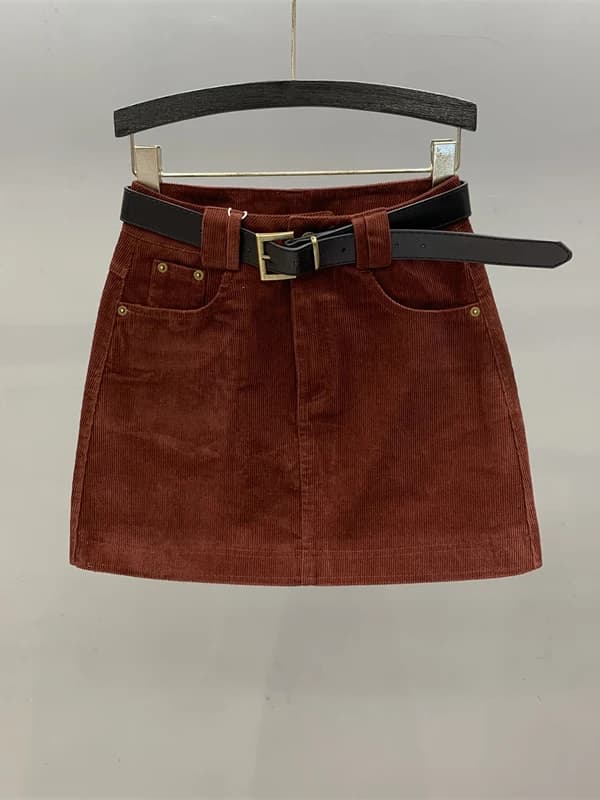 Retro Red Corduroy A-Line Skirt Women's Autumn Winter New High Waist Slimming Small Size Versatile Short Skirt