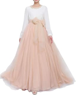 Women Wedding Long Maxi Puffy Tulle Skirt Floor Length A Line with Bowknot Belt High Waisted for Wedding Party Evening