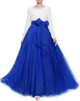 Women Wedding Long Maxi Puffy Tulle Skirt Floor Length A Line with Bowknot Belt High Waisted for Wedding Party Evening