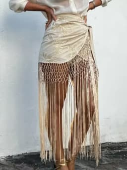 Embroidered Tassel Splicing Skirt Women Chic Hollow Out High Waist Pleated See Through Skirts 2025 Lady Summer Chic Streetwear