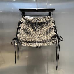 Leopard Print Denim Skort Women Vintage High Street Lace Up Bodycon Mini Skirt Y2K Summer Casual Skirts with Built-in Shorts