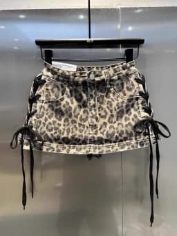 Leopard Print Denim Skort Women Vintage High Street Lace Up Bodycon Mini Skirt Y2K Summer Casual Skirts with Built-in Shorts