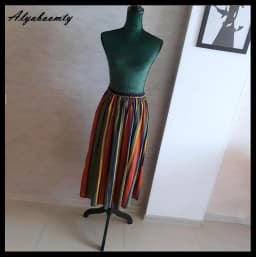 New Japanese Mori Girl Women Midi Skirt High Waist Colorful Striped Jupe Femme Longo Elegant Vintage Cotton Linen Skirts Womens