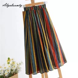 New Japanese Mori Girl Women Midi Skirt High Waist Colorful Striped Jupe Femme Longo Elegant Vintage Cotton Linen Skirts Womens