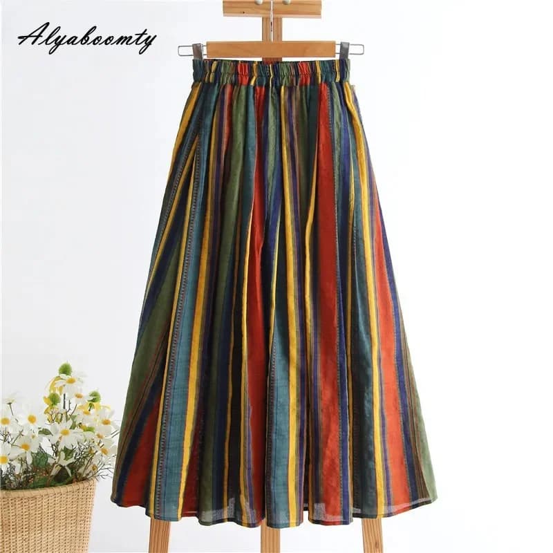 New Japanese Mori Girl Women Midi Skirt High Waist Colorful Striped Jupe Femme Longo Elegant Vintage Cotton Linen Skirts Womens