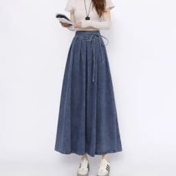 Lace Up Corset Midi Long Skirts Women Spring Summer Korea Style Vintage High Waist Jean Skirt A-Line Ruffle Pleated Denim Skirt