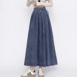 Lace Up Corset Midi Long Skirts Women Spring Summer Korea Style Vintage High Waist Jean Skirt A-Line Ruffle Pleated Denim Skirt
