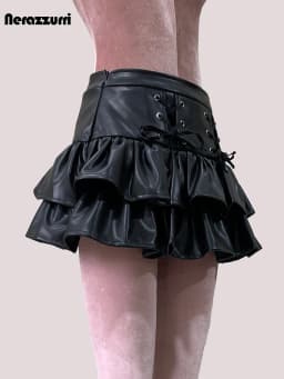 Nerazzurri Summer Autumn Soft Black Pu Leather Mini Tiered Pleated Skirt Women Lace Up Short Luxury Designer Punk Style Clothes