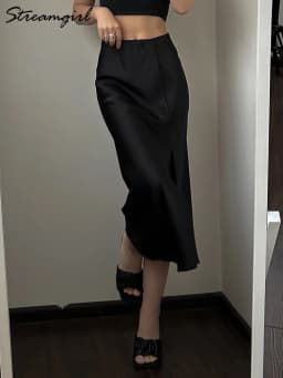 Women High Quality Satin Skirt Midi Elastic Waist Split Skirts Ladies Office Black A Line Satin Skirts With Split For Women