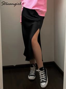 Women High Quality Satin Skirt Midi Elastic Waist Split Skirts Ladies Office Black A Line Satin Skirts With Split For Women