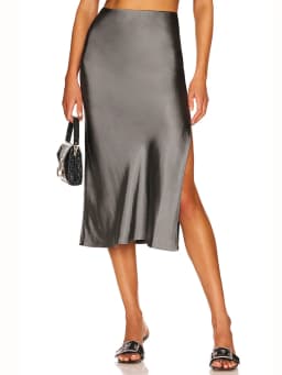 Women High Quality Satin Skirt Midi Elastic Waist Split Skirts Ladies Office Black A Line Satin Skirts With Split For Women