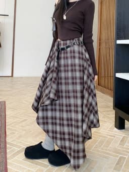 Qiukichonson Long Skirts Women Woolen Skirt 2025 Goth Autumn Winter High Waist Ruffles Asymmetrical Plaid Skirt Maxi With Belt