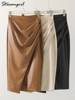 Women Midi Leather Skirt Sexy Split High Waist Zipper PU Front Slit Skirts Ladies Black Faux Leather Folded Skirt For Women